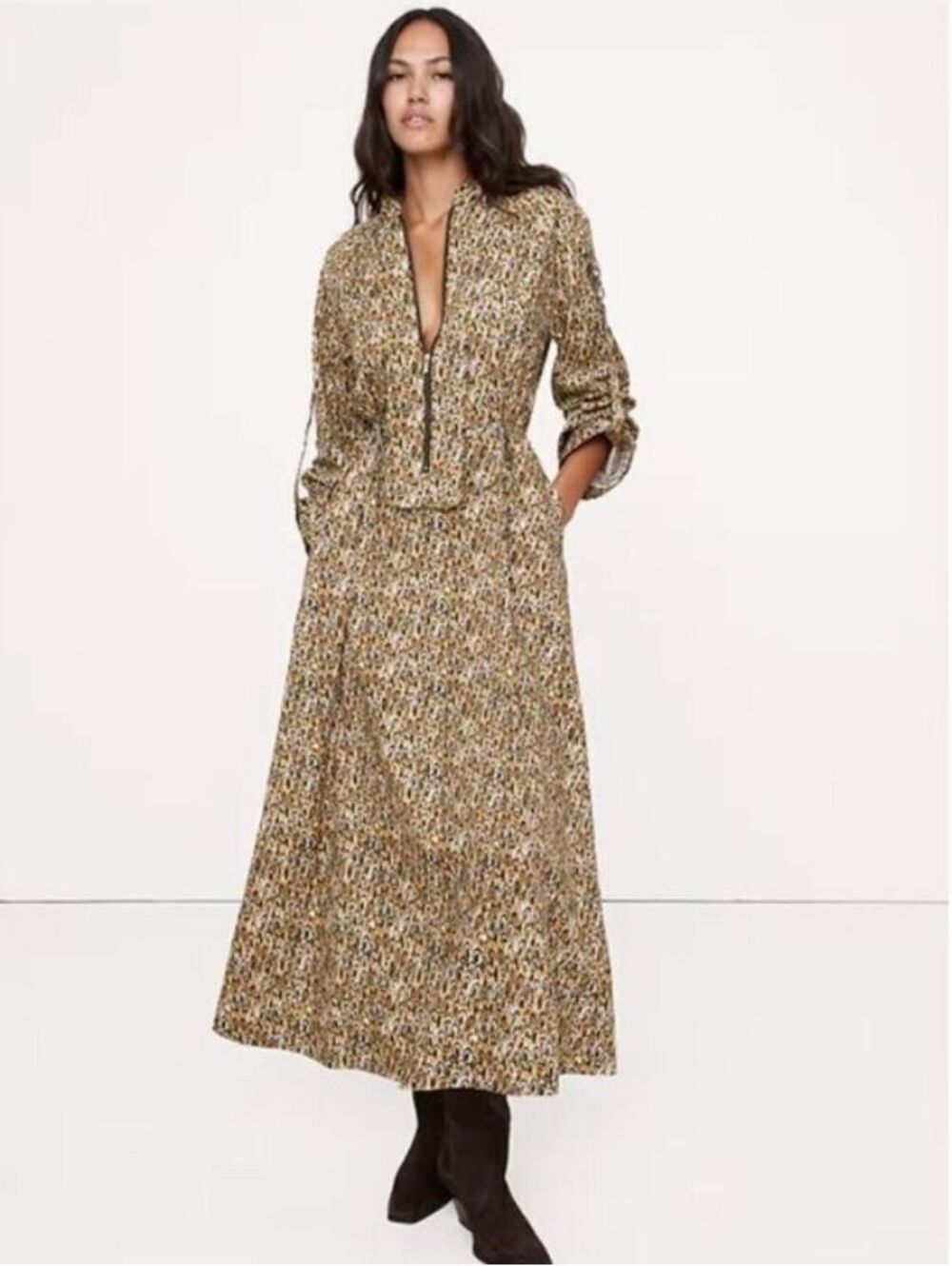 Banana Republic Cotton Utility Zip Maxi Dress Green Camo Feathers ST NWOT